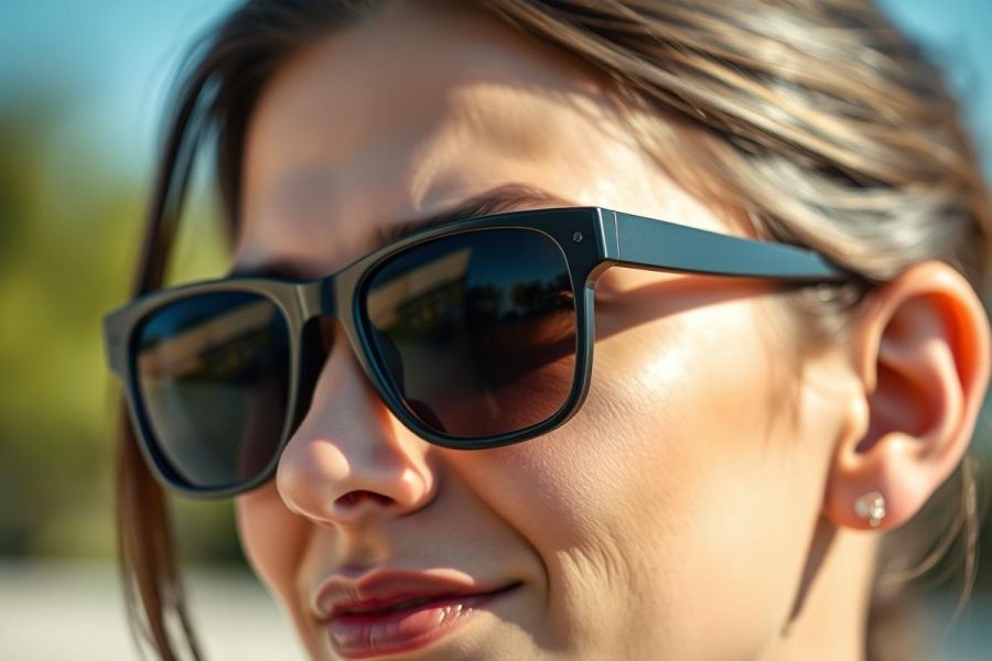 Close-up of a young woman wearing stylish black sunglasses outdoors on a sunny day. The image features a blurred natural background and focuses on the eyewear and her face, showcasing a summer, fashion, and lifestyle theme. The color palette is dominated by black and warm tones.