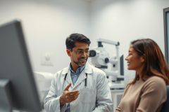 Doctor consulting with a patient in a bright, modern medical office. The healthcare professional, wearing a white coat, is explaining something while the patient listens attentively. Focus on patient care and medical consultation in a clinical setting. 