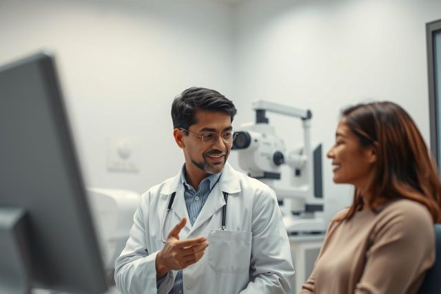 Doctor consulting with a patient in a bright, modern medical office. The healthcare professional, wearing a white coat, is explaining something while the patient listens attentively. Focus on patient care and medical consultation in a clinical setting. 