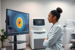 Woman in lab coat examines eye scan on monitor. Medical diagnostics, ophthalmology, and healthcare technology are highlighted in a modern white clinical setting. Blue and orange color gradients dominate the screen display.