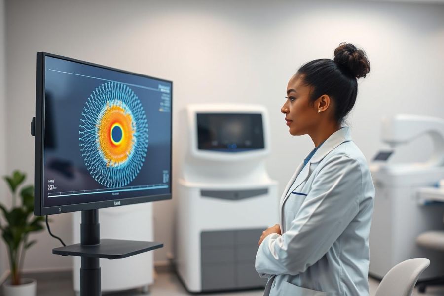 Woman in lab coat examines eye scan on monitor. Medical diagnostics, ophthalmology, and healthcare technology are highlighted in a modern white clinical setting. Blue and orange color gradients dominate the screen display.