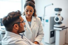 Optometrist examining a patient in a modern eye care clinic. A woman in a white coat consults with a man seated for an eye test, with diagnostic equipment visible in the background. Healthcare, vision, and medical checkup themes.