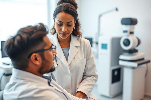 Optometrist examining a patient in a modern eye care clinic. A woman in a white coat consults with a man seated for an eye test, with diagnostic equipment visible in the background. Healthcare, vision, and medical checkup themes.