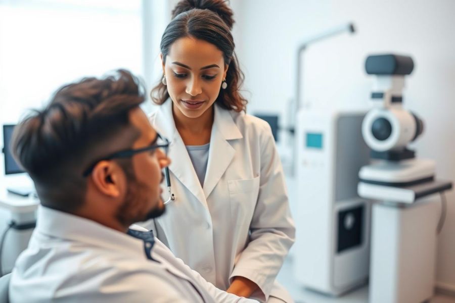 Optometrist examining a patient in a modern eye care clinic. A woman in a white coat consults with a man seated for an eye test, with diagnostic equipment visible in the background. Healthcare, vision, and medical checkup themes.
