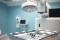 Surgical instruments on a stainless steel tray in a bright, blue operating room. Medical equipment and overhead lighting create a sterile, clinical environment. Focus on surgical tools and healthcare setting.