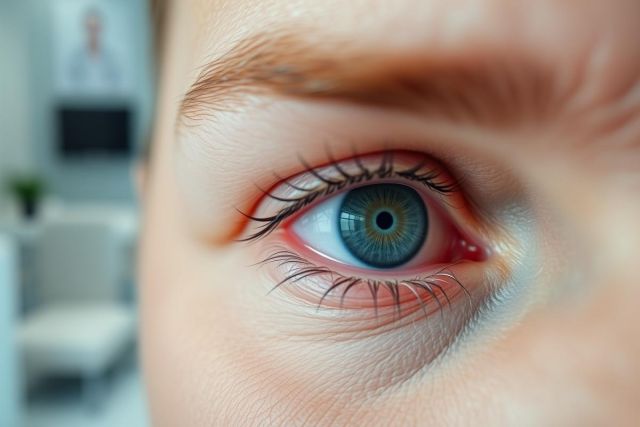 Close-up of a striking blue-green eye with visible eyelashes and a slightly red rim. The image focuses on human eye detail, showing texture and color variations against a blurred home background. A captivating portrait showcasing eye beauty and clarity.