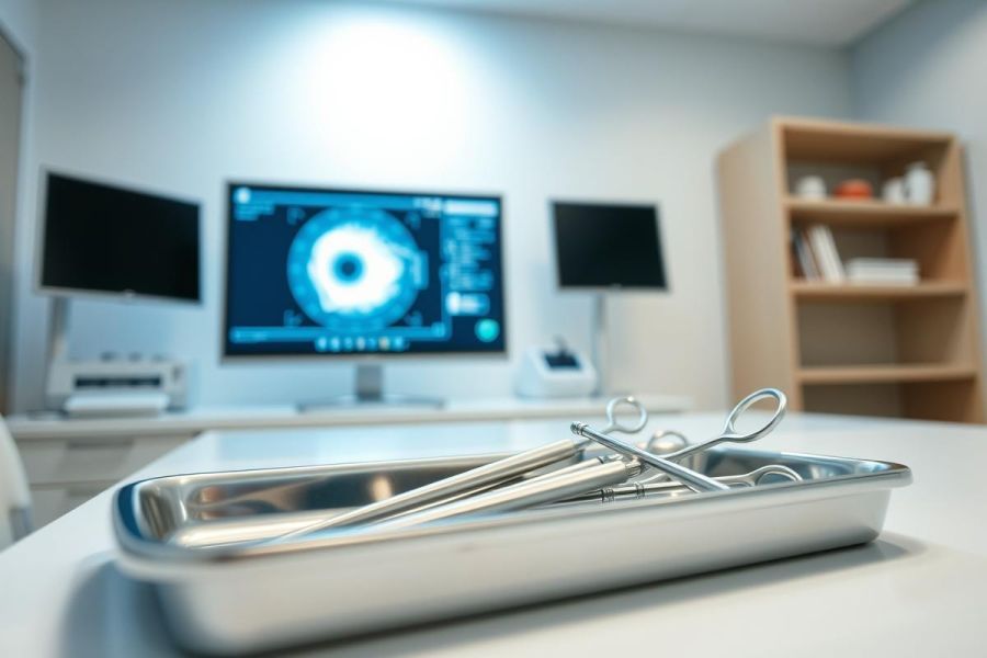 Surgical instruments in a stainless steel tray sit on a medical examination table in a modern ophthalmology clinic. Monitors display eye scans, suggesting eye surgery or diagnostics. The scene features a clean, bright environment with blue and silver tones, highlighting medical technology and healthcare.