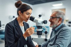 Optometrist examining a patient's eyes with a microscope in a modern clinic. The scene features a professional woman and an older man, with a focus on eye care and vision health. Bright, clean environment and professional setting.