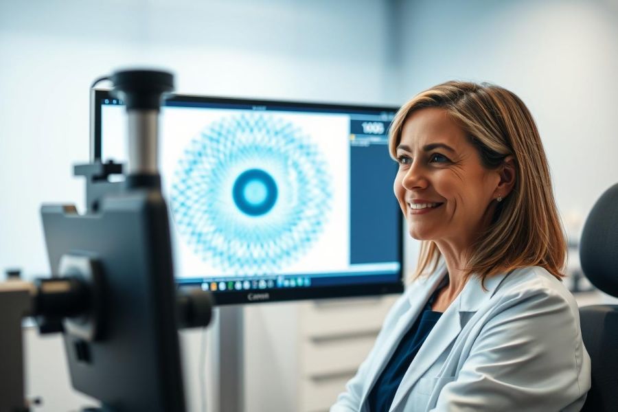 Smiling female optometrist in a modern eye care clinic examining a patient's vision on a digital display showing an eye chart. The image features blue and white tones, representing healthcare and technology. Focus on eye health, vision testing, and professional medical services.