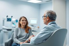 Patient consultation in a modern medical office. A woman speaks with a doctor in a light blue room, with diagnostic equipment visible in the background. Focus on healthcare, doctor-patient relationship, and medical examination in a clean, professional setting. Keywords: doctor, patient, healthcare, consultation, medical, office, examination.