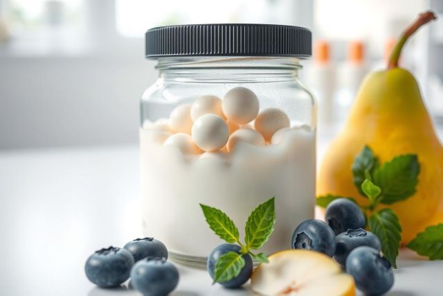 Close-up of yogurt with blueberries, pear, and mint on a white surface. Bright, natural light highlights the freshness of the fruits and dairy product. A healthy breakfast or snack concept.