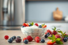 Close-up of a white bowl filled with creamy yogurt and topped with fresh berries like strawberries, raspberries, and blueberries. A bright and healthy breakfast scene in a modern kitchen with a blurred background. Focus on vibrant red, blue, and white colors.