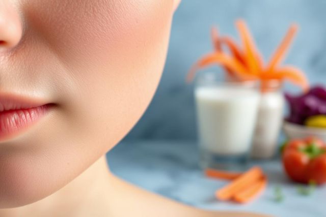Close-up of a woman's face alongside fresh vegetables and a glass of milk. Focus on healthy eating, skincare, and a vibrant, natural aesthetic with orange, red, and purple tones against a blue backdrop. Promoting wellness and beauty.