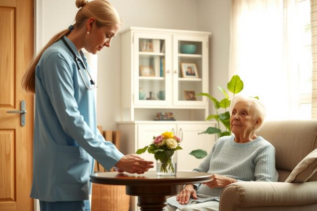A healthcare professional presents flowers to an elderly woman in a comfortable living room setting. The image depicts caregiving, senior care, and a warm, supportive environment with gentle colors.