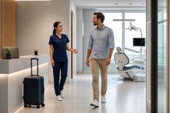 Dental receptionist escorts a male patient with luggage toward a treatment room, modern clinic.