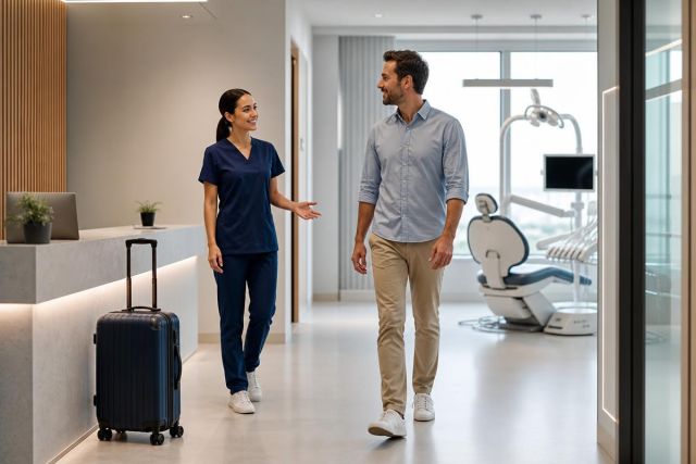 Dental receptionist escorts a male patient with luggage toward a treatment room, modern clinic.