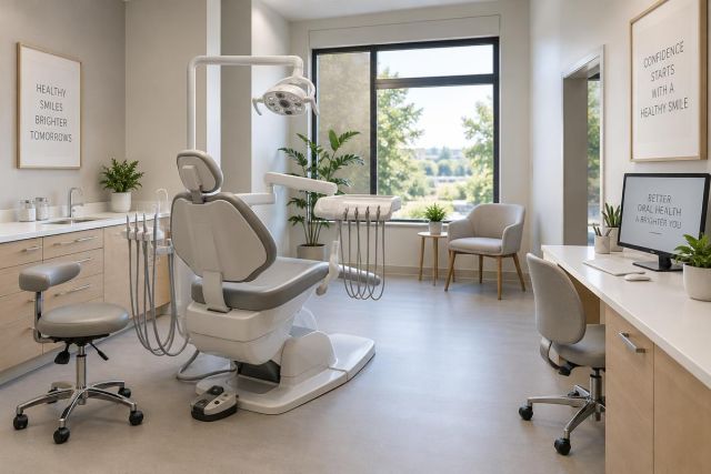 Bright modern dental operatory with chair, instrument tray, computer, and relaxing waiting area.