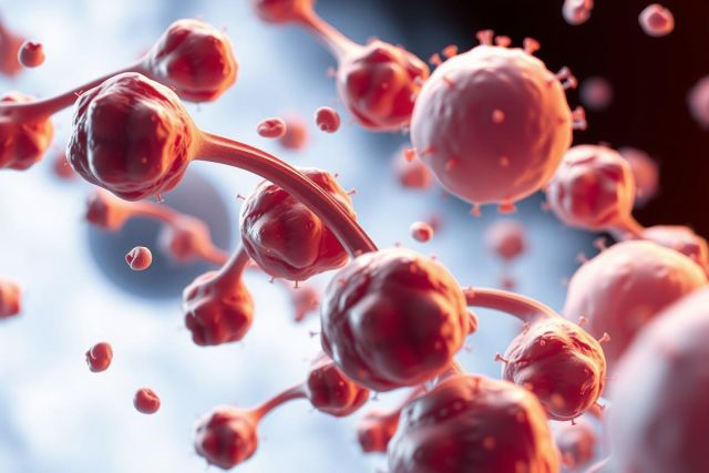 The image depicts a microscopic view of red blood cells. They are interconnected and appear to be in motion, possibly undergoing a cell division process. The environment is likely an artificial medium designed for cell cultivation or observation, commonly used in scientific research.