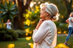 Older woman wearing a pink dress standing on grass near palm trees and people, possibly at sunrise or sunset given the warm lighting.
