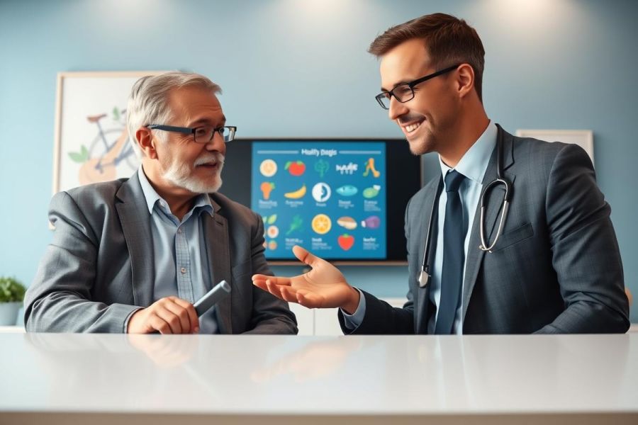 Doctor consults with senior patient in a modern office setting. The scene features a healthcare professional discussing nutrition with an elderly man, with a screen displaying healthy foods in the background. Blue and gray tones create a professional atmosphere, emphasizing wellness and preventative care.