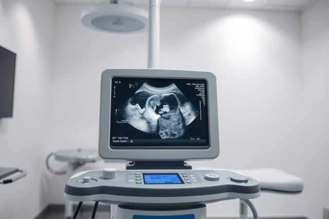Ultrasound image displayed on a medical ultrasound machine in a bright, modern clinic.