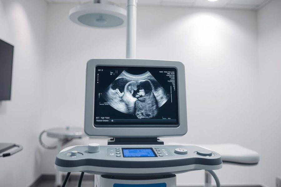 Ultrasound image displayed on a medical ultrasound machine in a bright, modern clinic.