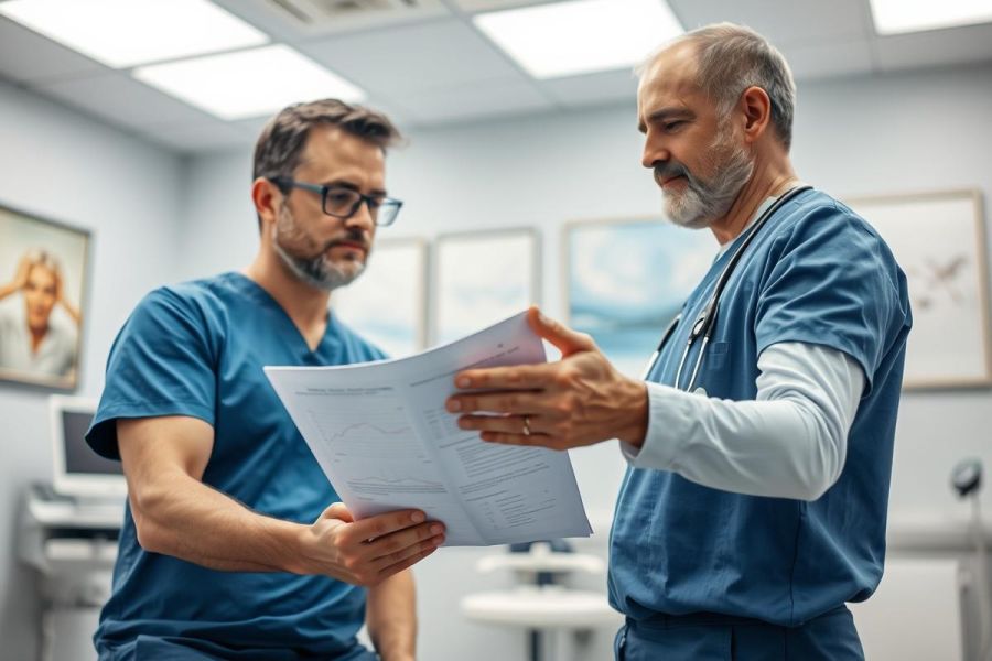 Two male doctors in blue scrubs review medical charts in a bright, modern clinic. The image depicts healthcare professionals discussing patient data, suggesting a focus on medical consultation, diagnosis, or teamwork within a clinical setting. The color palette is cool and professional.