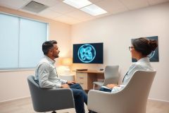 Doctor patient consultation in a modern medical office. Man and woman seated in chairs discussing healthcare with an X-ray image displayed on a screen. Neutral color palette of white, gray, and beige creates a professional and calming environment. Healthcare, medical appointment, diagnosis, and clinic are key themes.