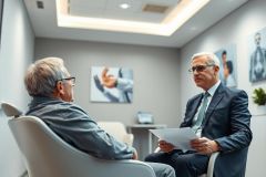 Business meeting in a modern office. Two mature men, one in a suit holding papers, are engaged in discussion. Neutral gray tones and soft lighting create a professional atmosphere. Focus on communication and consultation.