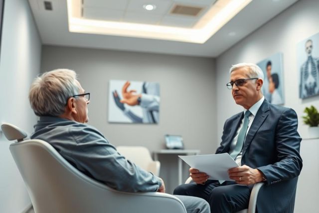 Business meeting in a modern office. Two mature men, one in a suit holding papers, are engaged in discussion. Neutral gray tones and soft lighting create a professional atmosphere. Focus on communication and consultation.