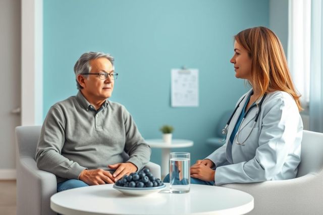 Doctor consultation in a modern clinic. A female doctor in a blue coat speaks with a senior man wearing glasses in a comfortable, light blue room. Healthcare, patient care, and medical checkup themes. Focus on wellness and professional medical advice.