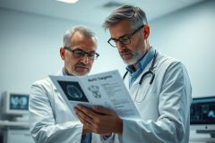 Two doctors in white coats examine a brain scan in a modern medical setting. The image shows healthcare professionals reviewing diagnostic images, highlighting medical consultation and radiology concepts. Cool blue and white tones create a clinical atmosphere.