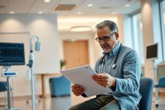A mature male doctor wearing glasses and a stethoscope reviews medical documents while seated in a modern hospital waiting room. Blue and gray tones dominate the scene with medical equipment visible in the background. Focus is on healthcare, patient care, and medical professionals.
