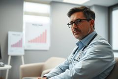 Focused male doctor in glasses wearing a stethoscope, seated in a modern office. The background includes a graph on a whiteboard and a neutral color palette of gray and beige. Represents healthcare, medicine, and professional consultation.