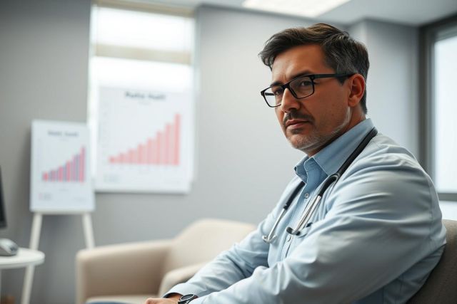 Focused male doctor in glasses wearing a stethoscope, seated in a modern office. The background includes a graph on a whiteboard and a neutral color palette of gray and beige. Represents healthcare, medicine, and professional consultation.