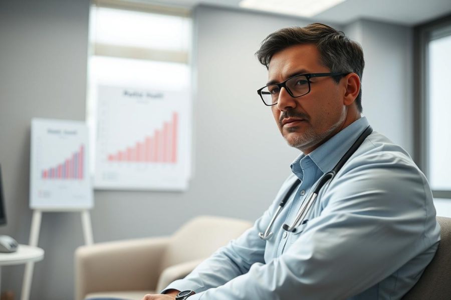 Focused male doctor in glasses wearing a stethoscope, seated in a modern office. The background includes a graph on a whiteboard and a neutral color palette of gray and beige. Represents healthcare, medicine, and professional consultation.