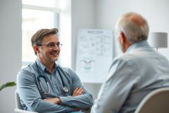 Doctor consults with a patient in a bright, modern medical office. The healthcare professional, wearing glasses and a stethoscope, engages in a discussion with an older man. The scene conveys a focus on patient care and medical consultation within a professional setting.