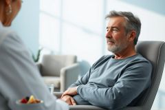 Mature man with gray hair sits thoughtfully in a modern, light-filled room, possibly in therapy or counseling. Soft blue and gray tones dominate the scene, creating a calm and reflective atmosphere. Focus on mental health, wellness, and emotional support.