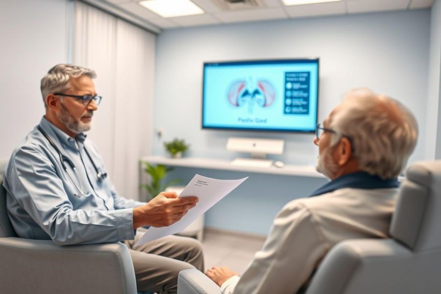 Doctor consults with senior patient in a modern clinic. Medical professional reviews paperwork while discussing hearing health, with an audiology chart displayed on a screen. Blue and neutral tones create a calming environment.