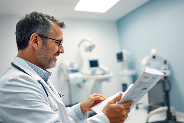 A male doctor in a white coat examines medical documents in a modern, light blue examination room. Medical equipment is visible in the background, suggesting a healthcare setting. Focused and professional image.