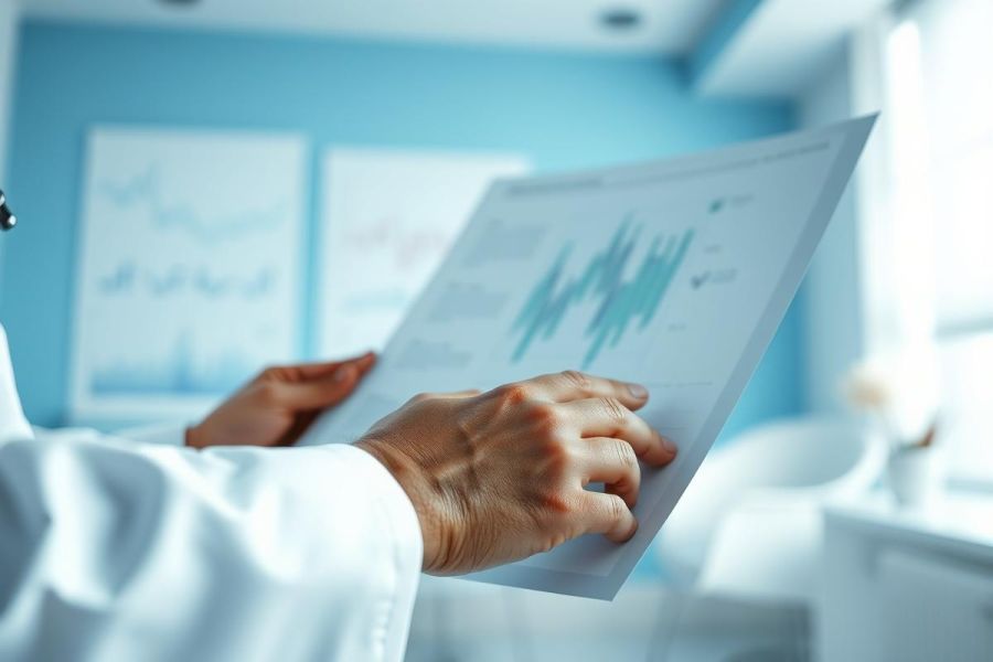 Close-up of a person in a white coat examining a graph or chart, likely in a medical or scientific setting. The background features a light blue wall with additional charts, creating a professional and analytical atmosphere. Focus on data analysis and healthcare.