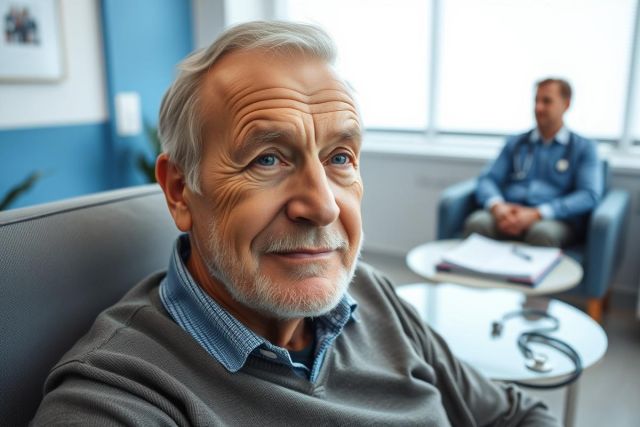 Senior man with gray hair and beard sits in a modern medical office, looking towards the camera. A doctor in scrubs is blurred in the background. The scene features blue and gray tones, suggesting a healthcare setting and patient consultation.