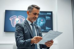 Focused male doctor in a gray suit and stethoscope reviews medical documents in a modern clinic. A brain scan image is displayed on a screen behind him, suggesting neurology or radiology. Professional healthcare setting, blue and white tones.