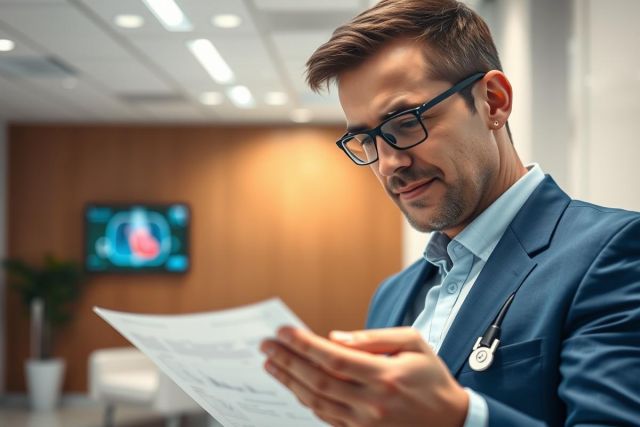 A male doctor in a blue suit and glasses reviews medical documents in a modern hospital setting. The image features a blurred ultrasound screen in the background and a stethoscope around his neck. Professional healthcare scene with warm lighting.