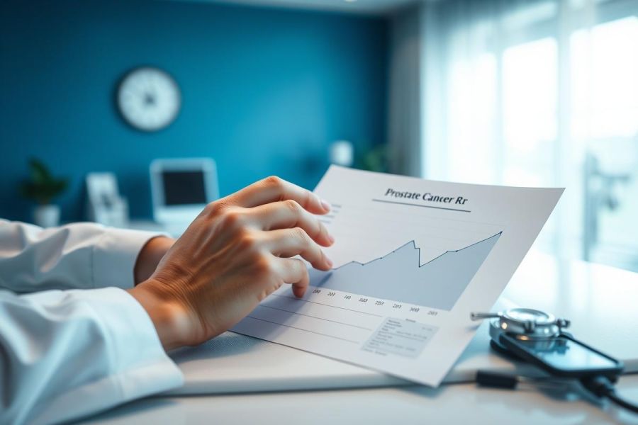 Close-up of hands holding a graph labeled 'Pressure Cancer Rt' on a desk in a modern blue office. A clock and computer are visible in the background, suggesting data analysis and a professional setting. Focus on charts and business concepts.