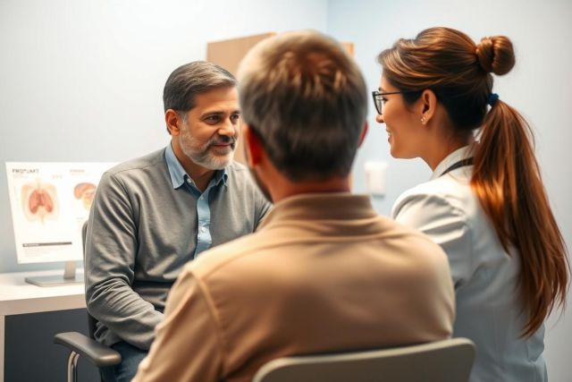 Doctor consults with two patients in a modern clinic setting. The scene features a healthcare professional and two men, with a lung anatomy chart visible behind them. Warm and cool tones create a professional and reassuring atmosphere. Medical consultation, healthcare, patient care.