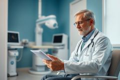 Mature doctor in a medical examination room reviewing patient documents. He wears a white coat and stethoscope, surrounded by diagnostic equipment and teal walls. Healthcare, medical professional, and patient care themes are evident.