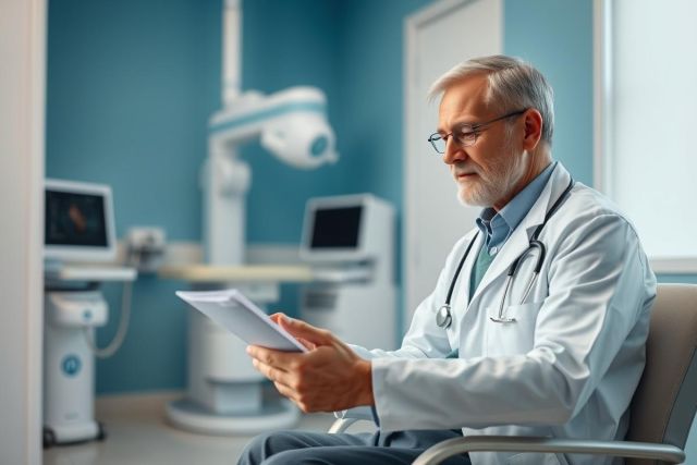 Mature doctor in a medical examination room reviewing patient documents. He wears a white coat and stethoscope, surrounded by diagnostic equipment and teal walls. Healthcare, medical professional, and patient care themes are evident.