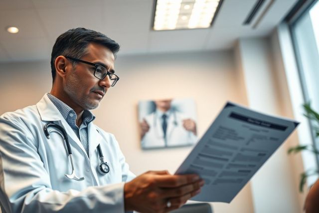 Doctor in white coat reviewing medical records in a bright, modern office setting. Man wearing glasses focuses on paperwork, suggesting healthcare consultation or analysis. Clean, professional environment with natural light.