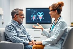 Doctor consults with a patient in a modern medical office. A male patient with glasses discusses health concerns with a female doctor, with a urinary system diagram displayed on a screen in the background. Focus on healthcare, medical consultation, and urology.
